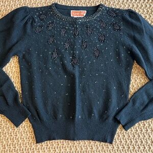 Sunbow2 Vintage Black Lamb Wool Beaded Sequin Long Sleeve Sweater Sz M